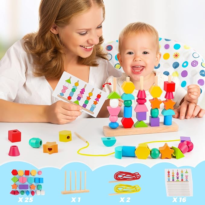 Montessori Wooden Beads Sequencing Toy Set, Stacking Blocks & Lacing Beads & Matching Shape Stacker for 2 3 4 5 Year Old STEM Preschool Learning Montessori Toys Gifts for Kids Boy Girl Toddler nirvanaguru