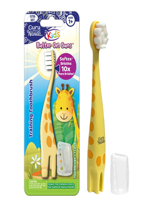 GuruNanda Kids Butter On Gums Cute Giraffe Toothbrush with Tongue Scraper & Cover - Super Soft Bristles for Gentle Cleaning -Ergonomic Handle (Age 1+) Nirvana Guru