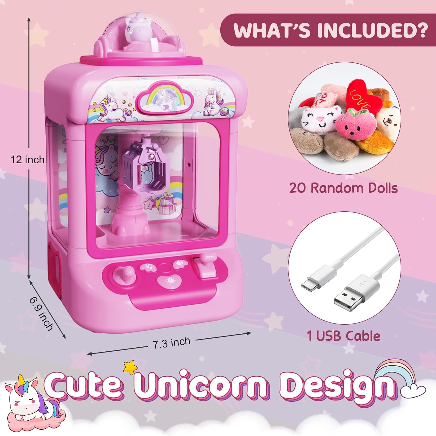 Claw Machine for Kids, Mini Vending Machine Girls Unicorn Toys, Candy Grabber Prize Dispenser with Sound & 20 Mini Plush Toys, Electronic Arcade Game Indoor Toy for Home Party Birthday Gifts Nirvana Guru