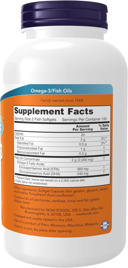 NOW Foods Supplements, Omega-3 180 EPA / 120 DHA, Molecularly Distilled, Cardiovascular Support*, 200-Fish Gelatin Softgels,Packaging may vary - Nirvana Guru