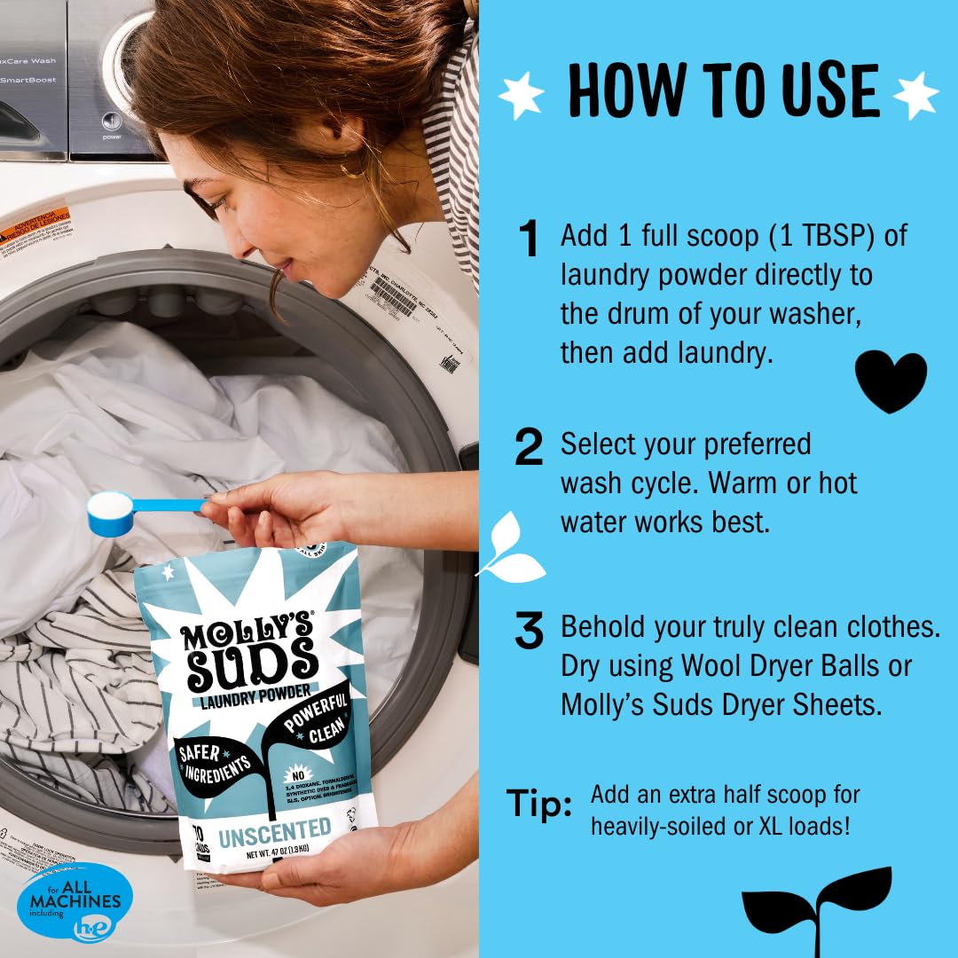 Molly's Suds Super Powder Detergent | Extra Strength Laundry Soap, Stain Fighting | Sensitive Skin | Simple, Effective Ingredients | 60 Loads - Lavender