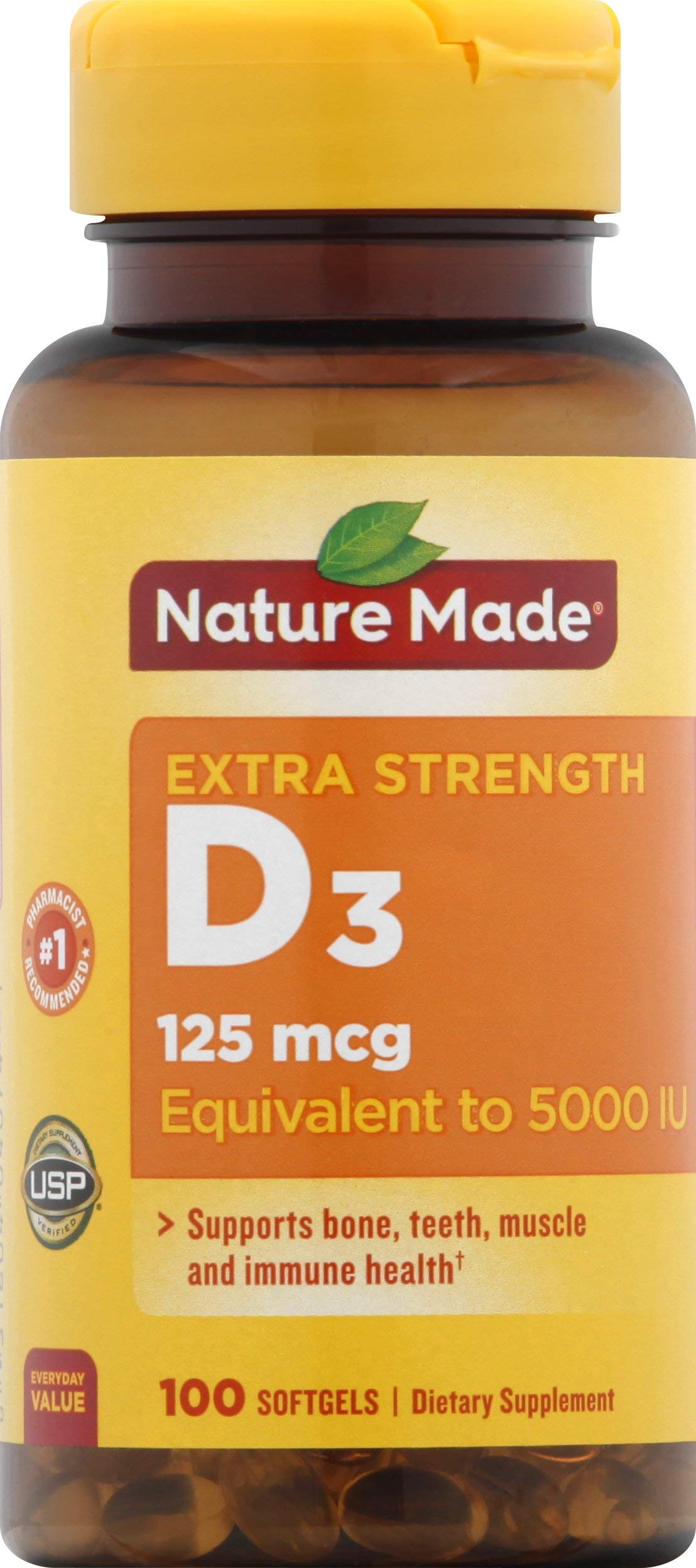 Nature Made Extra Strength Vitamin D3 5000 IU (125 mcg), Dietary Supplement for Bone, Teeth, Muscle and Immune Health Support, 180 Softgels, 180 Day Supply - Nirvana Guru