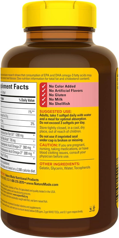 Nature Made Burp Less Ultra Omega 3 Fish Oil Supplements, 1400mg Fish Oil Omega 3 Supplements as Ethyl Esters for Healthy Heart Brain Eyes Support, One Per Day, 90 Softgels - Nirvana Guru