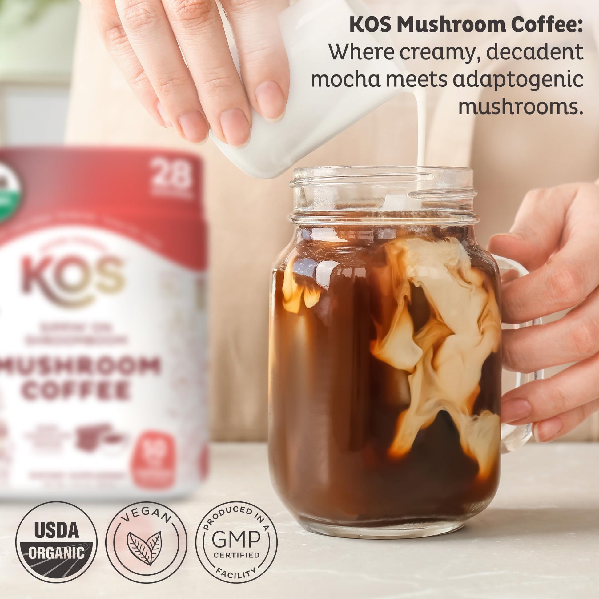 KOS Mushroom Coffee - USDA Certified Organic - Dark Chocolate Mocha Flavor - Mushroom Coffee Latte Powder with Reishi, Cordyceps, Lion's Mane, Chaga & Turkey Tail Mushrooms - Nirvana Guru