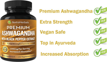 Ashwagandha Supplement Made with Premium Ashwaganda Root Powder 1200mg with Black Pepper Extract for Increased Absorption - 120 Vegi Capsules Nirvana Guru