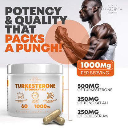 Turkesterone & Tongkat Ali 1000mg Supplement - 500mg Ajuga Turkestanica Per Serving Increase Stamina, Lean Muscle Growth & Recovery - Made in The USA (60 Capsules)