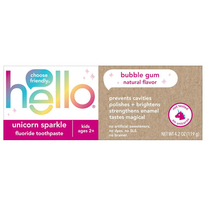 hello Unicorn Sparkle Kids Fluoride Toothpaste, Natural Bubble Gum Flavor, ADA Approved, Ages 2+, No Artificial Sweeteners, No SLS, Gluten Free, Vegan, Pack of 3, 4.2 oz Tubes Nirvana Guru