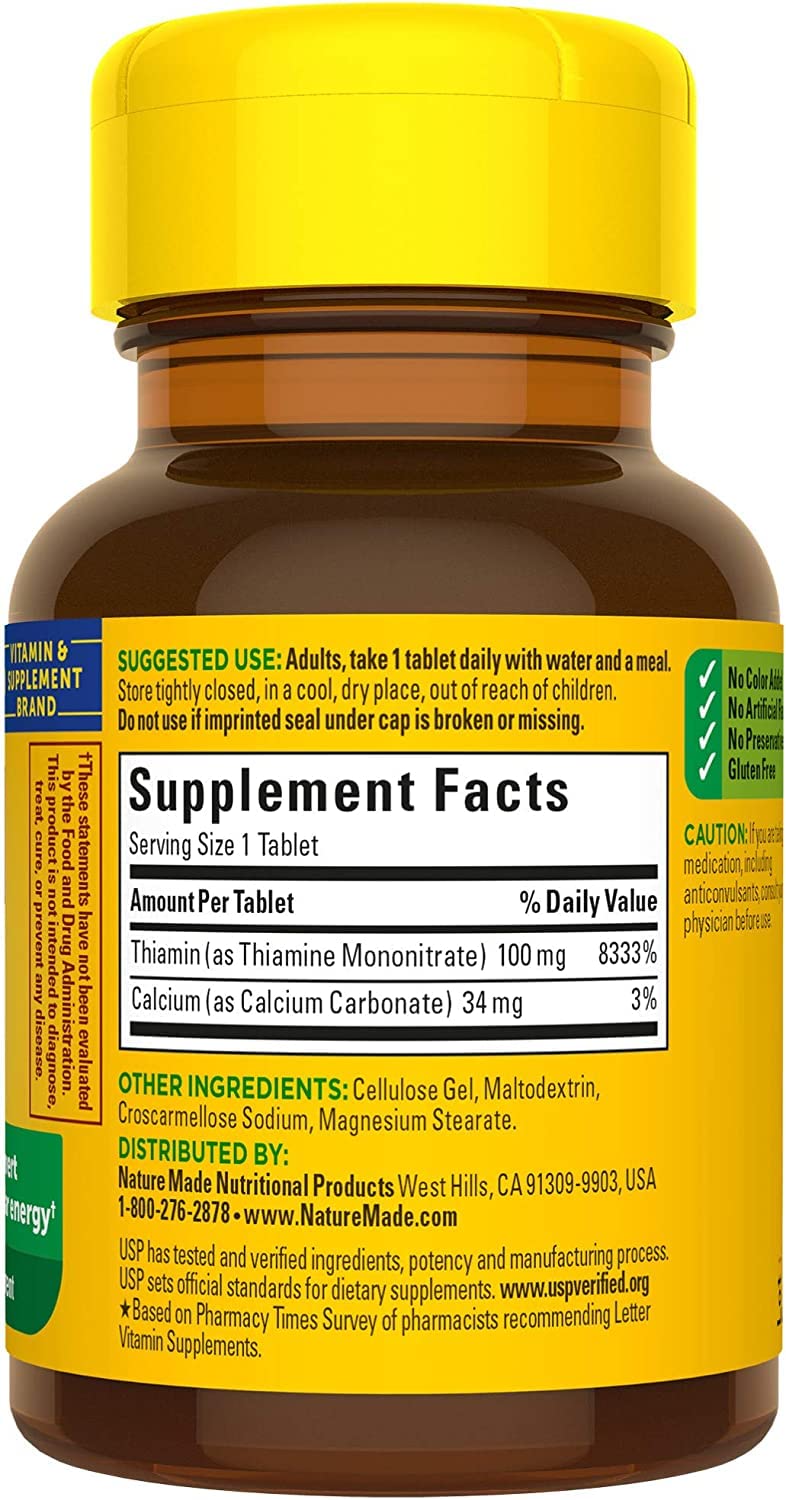 Nature Made Vitamin B1 100 mg, Dietary Supplement for Energy Metabolism Support, 100 Tablets, 100 Day Supply - Nirvana Guru