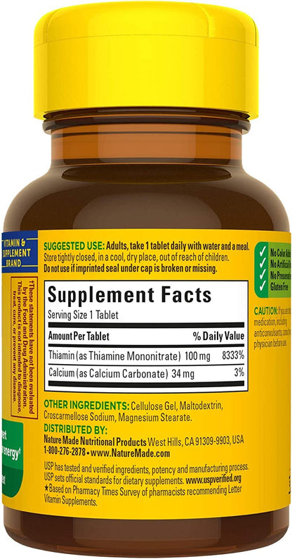 Nature Made Vitamin B1 100 mg, Dietary Supplement for Energy Metabolism Support, 100 Tablets, 100 Day Supply - Nirvana Guru