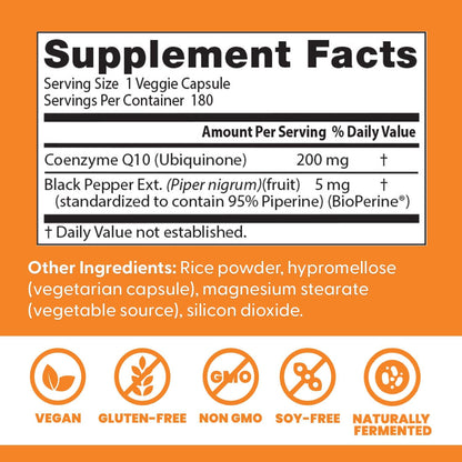 Doctor's Best High Absorption CoQ10, Heart & Energy Support, USP Verified, Naturally Fermented CoQ10, Non-GMO Gluten Free, Soy Free, Vegan 180 Veggie Caps - Nirvana Guru