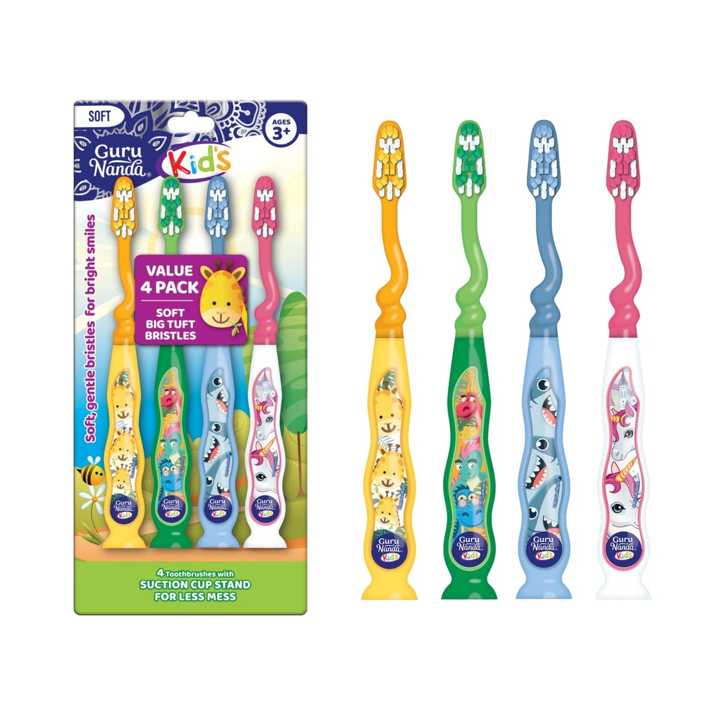 GuruNanda Kids Toothbrush with Suction Cup & Fun Animal Designs - Soft Bristles for Healthy Gums- Non-Slippery & Mess-Free Toothbrush, 3+ Age- 4 Count Nirvana Guru