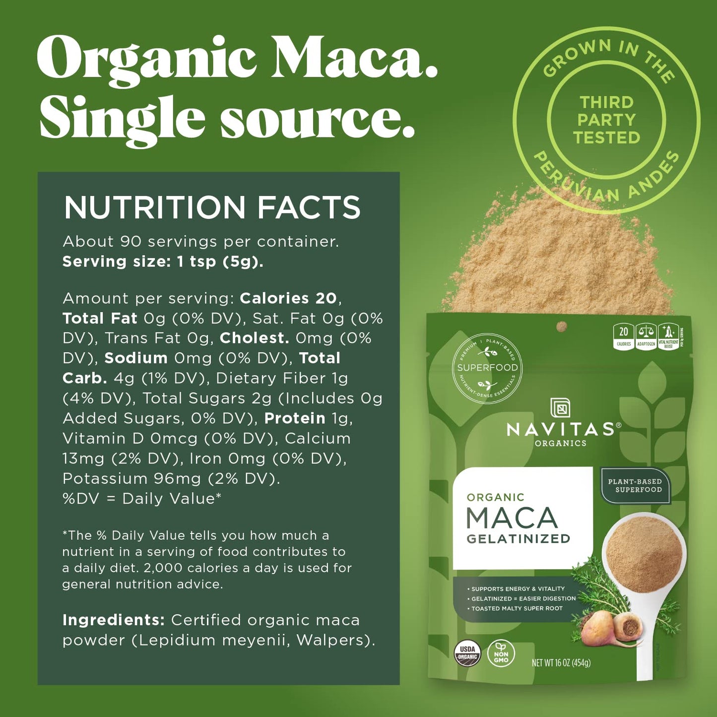 Navitas Organics Maca Powder – 100% Gelatinized Peruvian Maca for Adaptogen Smoothies, Lattes, Baking & More – Energize & Balance - USDA Organic, Non GMO, Vegan, Gluten Free (4oz. Bag, 23 Servings)