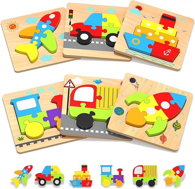 Yetonamr Wooden Toddler Puzzles Gifts Toys for 1 2 3 Years Old Boys Girls, 6 Vehicle Shape Montessori Toys Educational Blocks Kids Gift Baby Learning Toy Age 1-3, 2-4 nirvanaguru