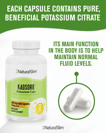 NaturalSlim Natural Potassium Citrate Gluconate 99 mg - Kadsorb Supports Electrolyte Balance & Normal pH - Absorbable Potassium Supplements with Essential Minerals - Non GMO 400 Capsules 1 Pack Nirvana Guru