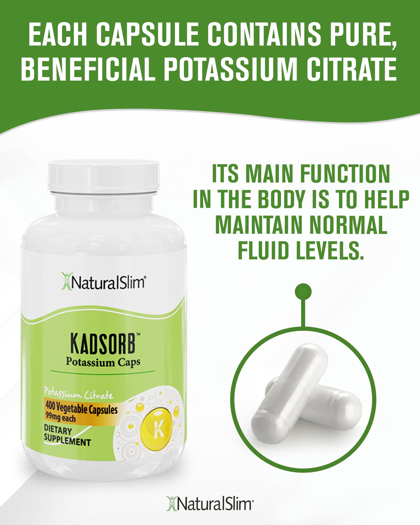 NaturalSlim Natural Potassium Citrate Gluconate 99 mg - Kadsorb Supports Electrolyte Balance & Normal pH - Absorbable Potassium Supplements with Essential Minerals - Non GMO 400 Capsules 1 Pack Nirvana Guru