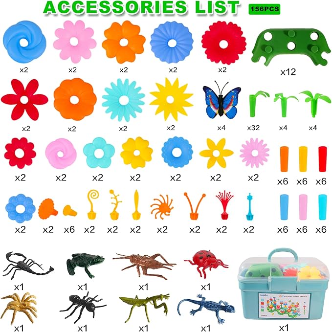 Toys Gifts for 2 3 4 5 6 Years Old Toddler Girls Boys, 156 PCS Insect Flower Garden Building Educational STEM Learning Pretend Play Gardening Set, Christmas Birthday Gifts for Preschool Kids Age 2+ nirvanaguru