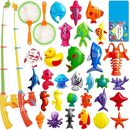 CozyBomB™ Magnetic Fishing Toys Game Set for Kids | Water Table Bathtub Kiddie Pool Party & Pole Rod Net, Plastic Floating Fish Toddler Color Ocean Sea Animals Birthday Age 3 4 5 6 Year nirvanaguru
