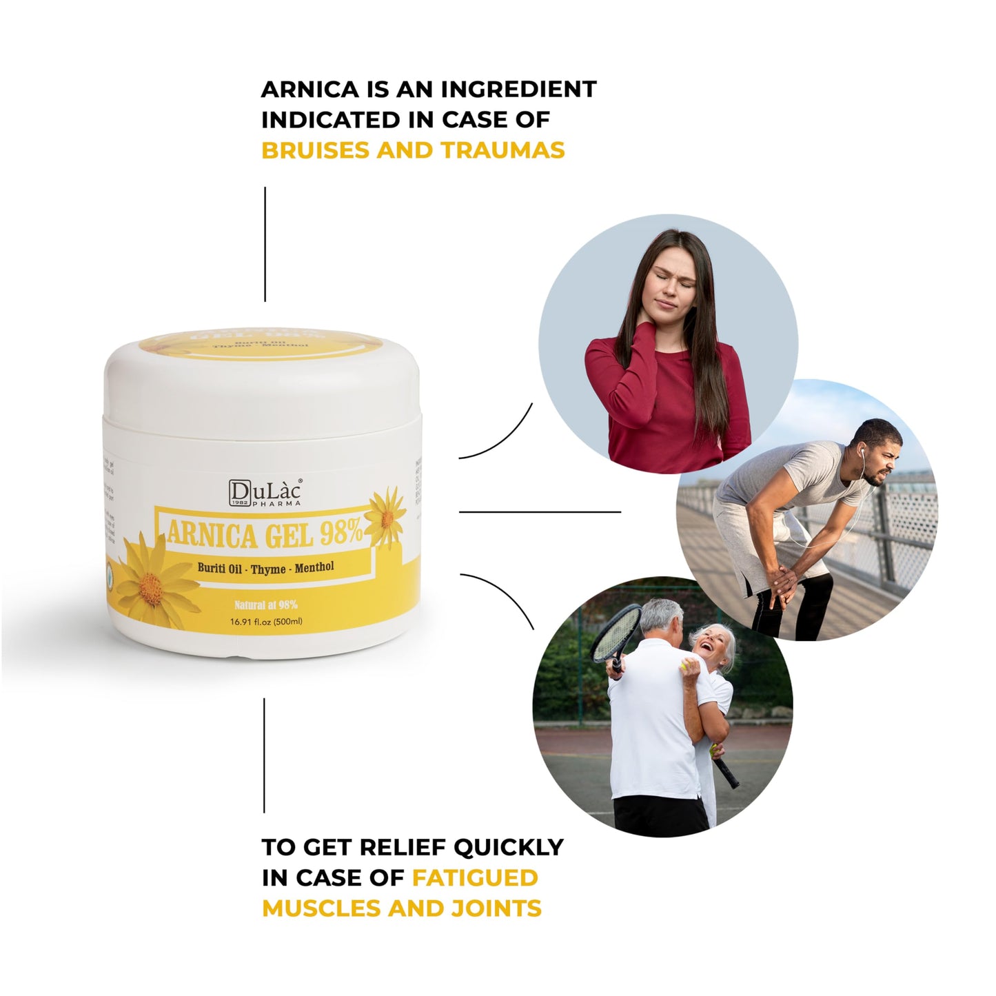 Dulàc - Arnica Gel for Bruising and Swelling 16.9 Fl Oz, 98% Arnica Montana Cream Extra Strength for Muscle and Joint Relief, Non-Greasy, Natural Formula, Cool Effect, Alcohol Free