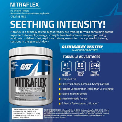 GAT SPORT Nitraflex Advanced Pre-Workout Powder, Increases Blood Flow, Boosts Strength and Energy, Improves Exercise Performance, (Blue Raspberry, 30 Servings) Nirvana Guru