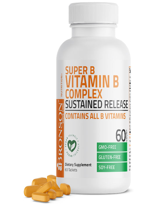 Bronson Super B Vitamin B Complex Sustained Slow Release (Vitamin B1, B2, B3, B6, B9 - Folic Acid, B12) Contains All B Vitamins 60 Tablets Nirvana Guru