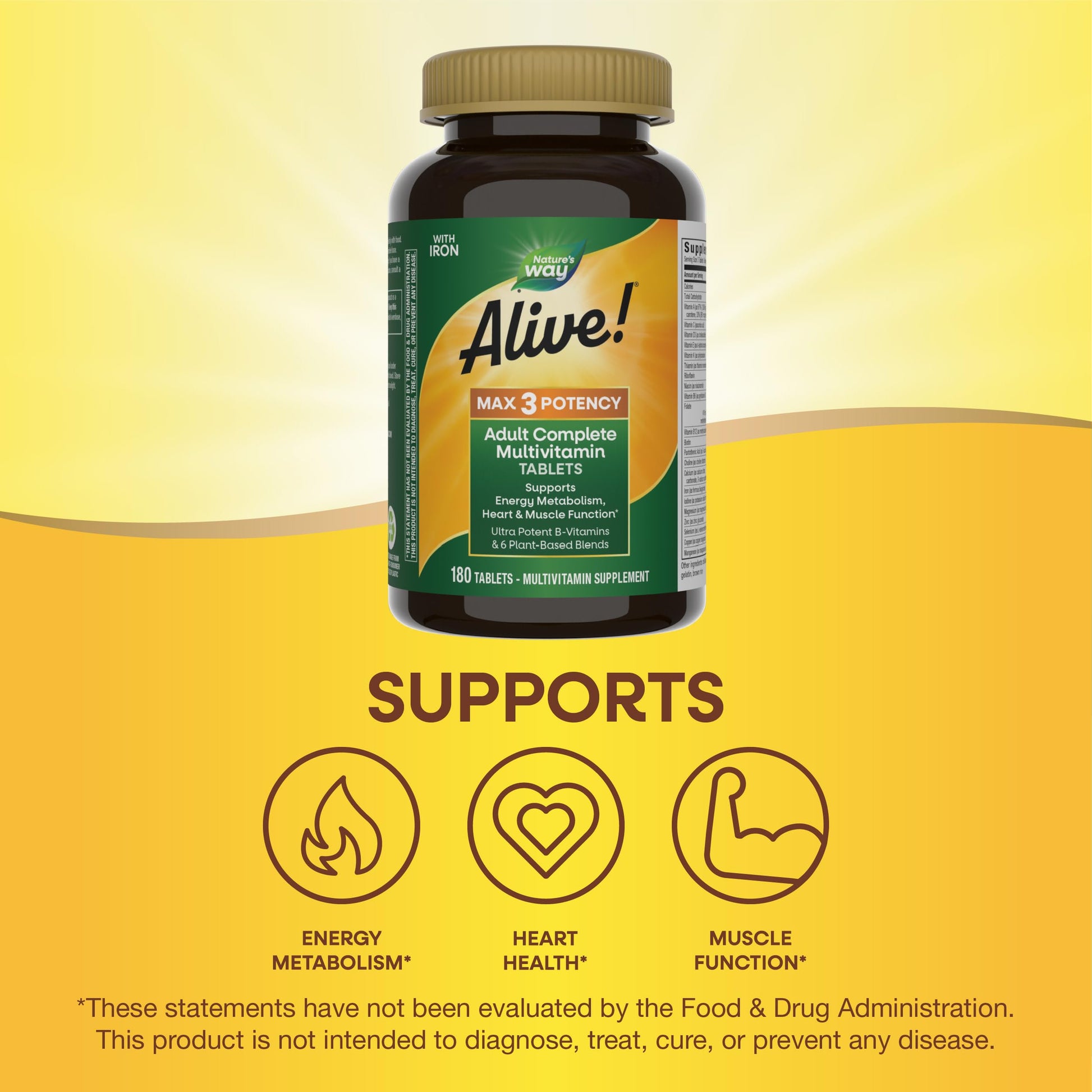Nature's Way Alive! Max3 Potency Adult Complete Multivitamin, Ultra Potency B-vitamins to Support Energy Metabolism*, with Methylated B12 and Folate, 180 Tablets - Nirvana Guru