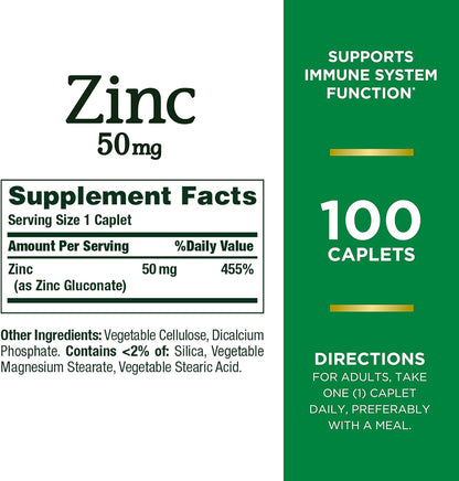 Nature's Bounty Zinc 50mg, Immune Support & Antioxidant Supplement, Promotes Skin Health, 1 Caplet Per Day, Gluten Free, 250 Vegetarian Caplets