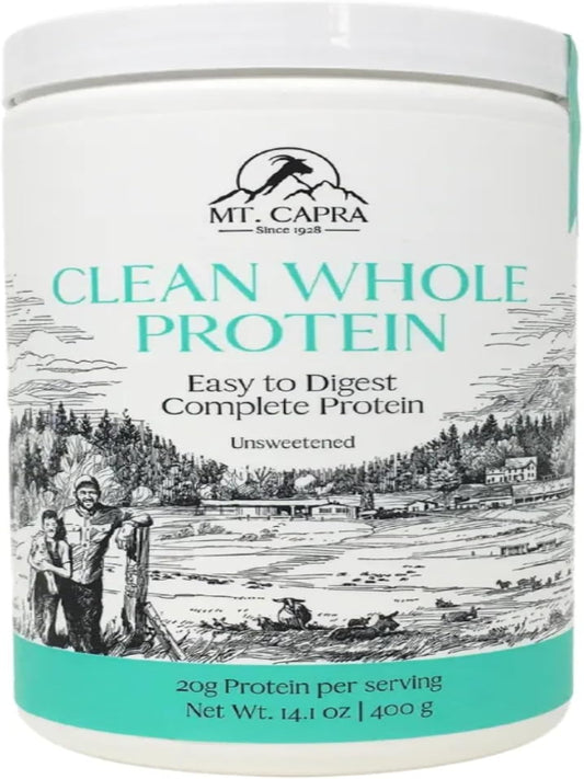 Mt. Capra Clean Whole Protein | Grass-Fed Goat Protein with Whey and Casein Protein | No Bloat, Build and Maintain Muscle, 20 g Protein per Serving, No Sweeteners | 13 Servings - 400 g - Nirvana Guru