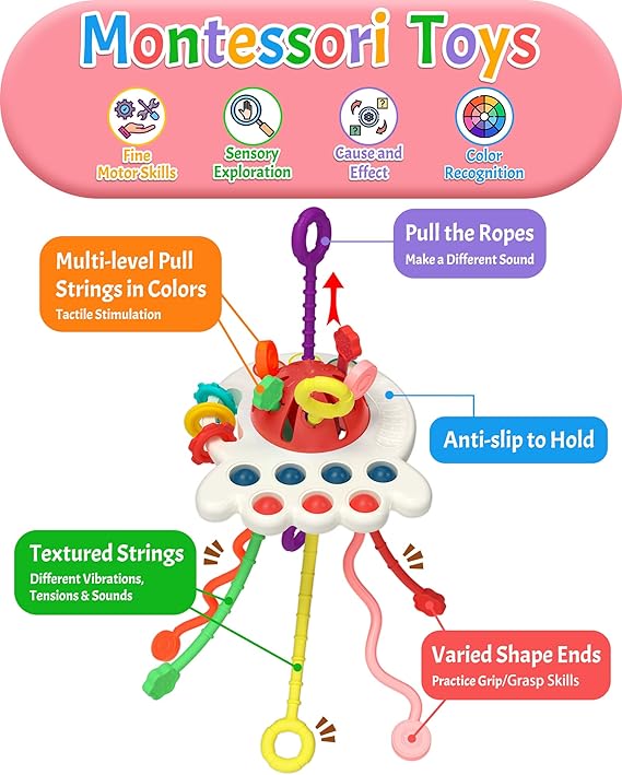 Yetonamr Baby Sensory Montessori Toys for 6-12-18 Months, Pull String Silicone Teething Toy, Toddler Birthday Gift Travel Toy for 1 2 Year Old Boy Girl Infant 8 9 10 Months Old nirvanaguru