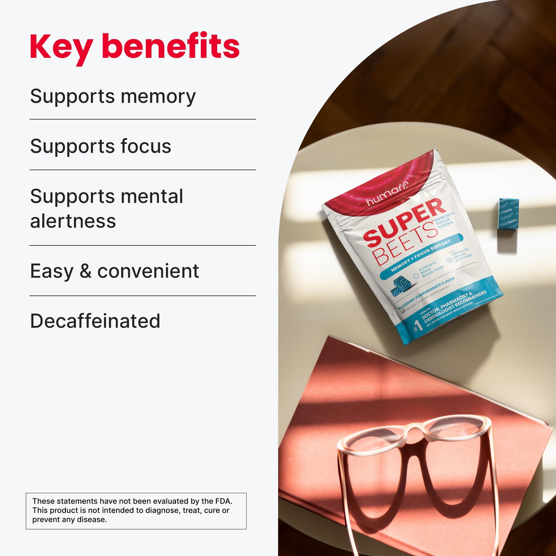 HumanN SuperBeets Brain Supplements for Memory and Focus Chews, Mental Alertness, Clinically Studied Nootropics, Resveratrol Supplement Plus Beet Root Powder, Blueberry Pomegranate Flavor, 30 Count - Nirvana Guru