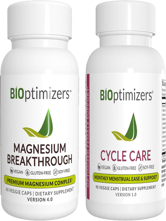 BiOptimizers Magnesium Breakthrough 4.0, (60 Capsules) & Cycle Care, (90 Capsules) - Natural Sleep, Brain, and Menstrual Relief Support Supplement Bundle Nirvana Guru