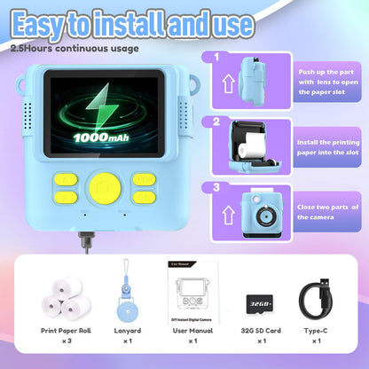 Kids Camera Instant Print, Christmas Birthday Gifts for Kids Age 3-12, Selfie Digital Camera with 1080P Videos,Toddler Portable Travel Cameras Toy for 4 5 6 7 8 9 Year Old Boys Girls-Blue Nirvana Guru