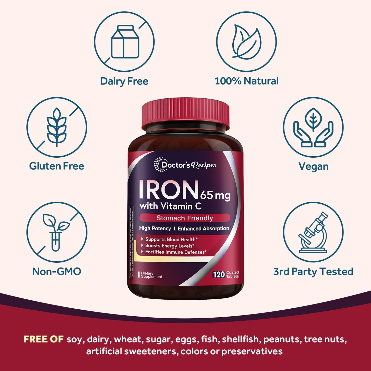 Doctor's Recipes Iron Supplement 65 mg with Vitamin C - Maximized Absorption, Stomach Friendly & High Potency Iron Pills for Red Blood Cells Formation & Immunity Health - Vegan Non-GMO 60 Iron Tablets Nirvana Guru