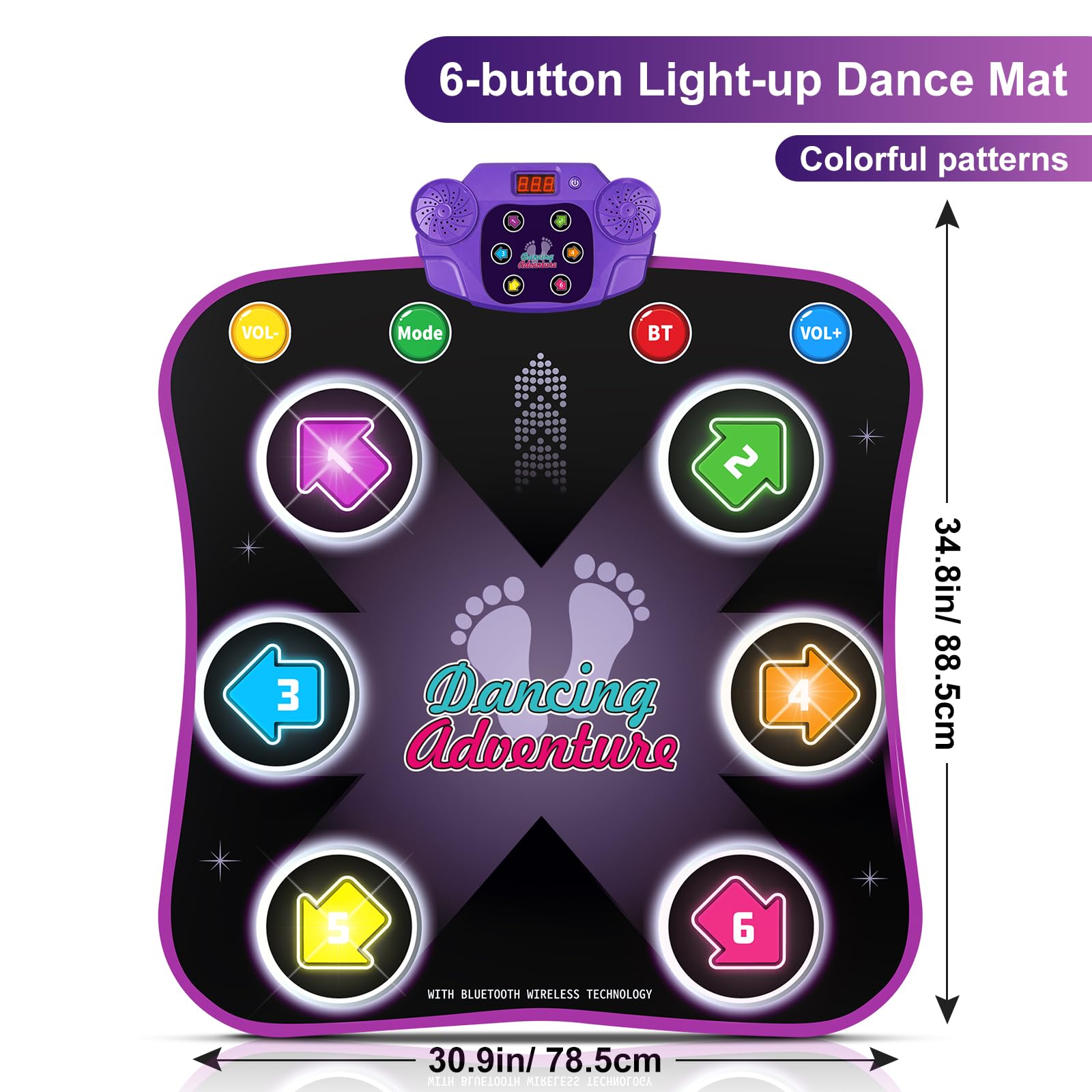 Flooyes Dance Mat Toys for 3-12 Year Old Kids, Electronic Dance Pad with Light-up 6-Button Wireless Bluetooth, Music Dance with 5 Game Modes, Birthday Toys Gifts for 3 4 5 6 7 8 9 10+ Year Old Girls Nirvana Guru