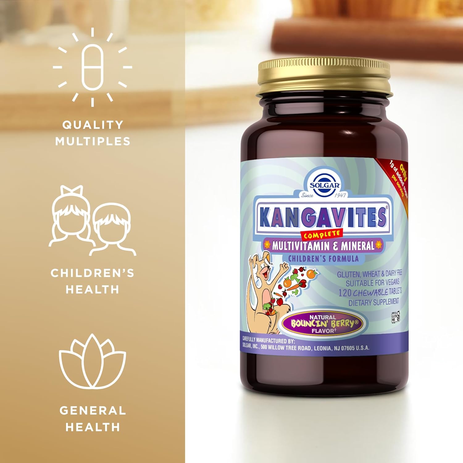 Solgar Kangavites, Bouncin’ Berry Flavor - 120 Chewable Tablets - Complete Multivitamin & Mineral Formula for Children - Vegan, Gluten Free - Nirvana Guru