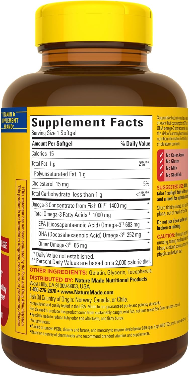Nature Made Burp Less Ultra Omega 3 Fish Oil Supplements, 1400mg Fish Oil Omega 3 Supplements as Ethyl Esters for Healthy Heart Brain Eyes Support, One Per Day, 90 Softgels - Nirvana Guru