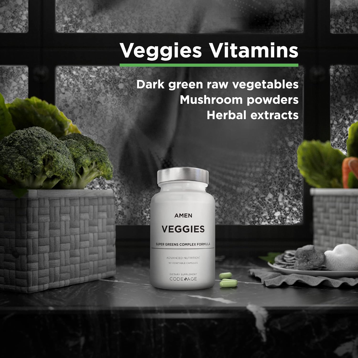 Amen Veggies, Daily Veggies Vitamins Supplement, Vegetables Vegan Blend & Whole-Food Raw Greens Multivitamin Capsules, Mushroom Complex, Superfood, Minerals, Green Vegetable Nutrients, Non-GMO, 90 ct Nirvana Guru