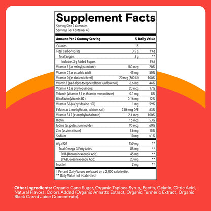 SmartyPants Kids Multivitamin Gummies - Improved Formula: Omega 3 (DHA/EPA), Vitamins D3, C, B12, B6, Vitamin A, K & Zinc, Gluten Free, Three Fruit Flavors, 60 Count (30 Day Supply)