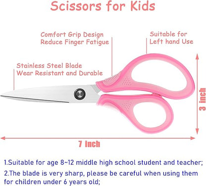 7" Real Left handed Student Scissors, Premium Stainless Steel Blades Shears for Age 8~12,Ergonomic Semi-Soft ABS Rubber Grip, Suitable for School, Office and Family Daily Use,Pink nirvanaguru