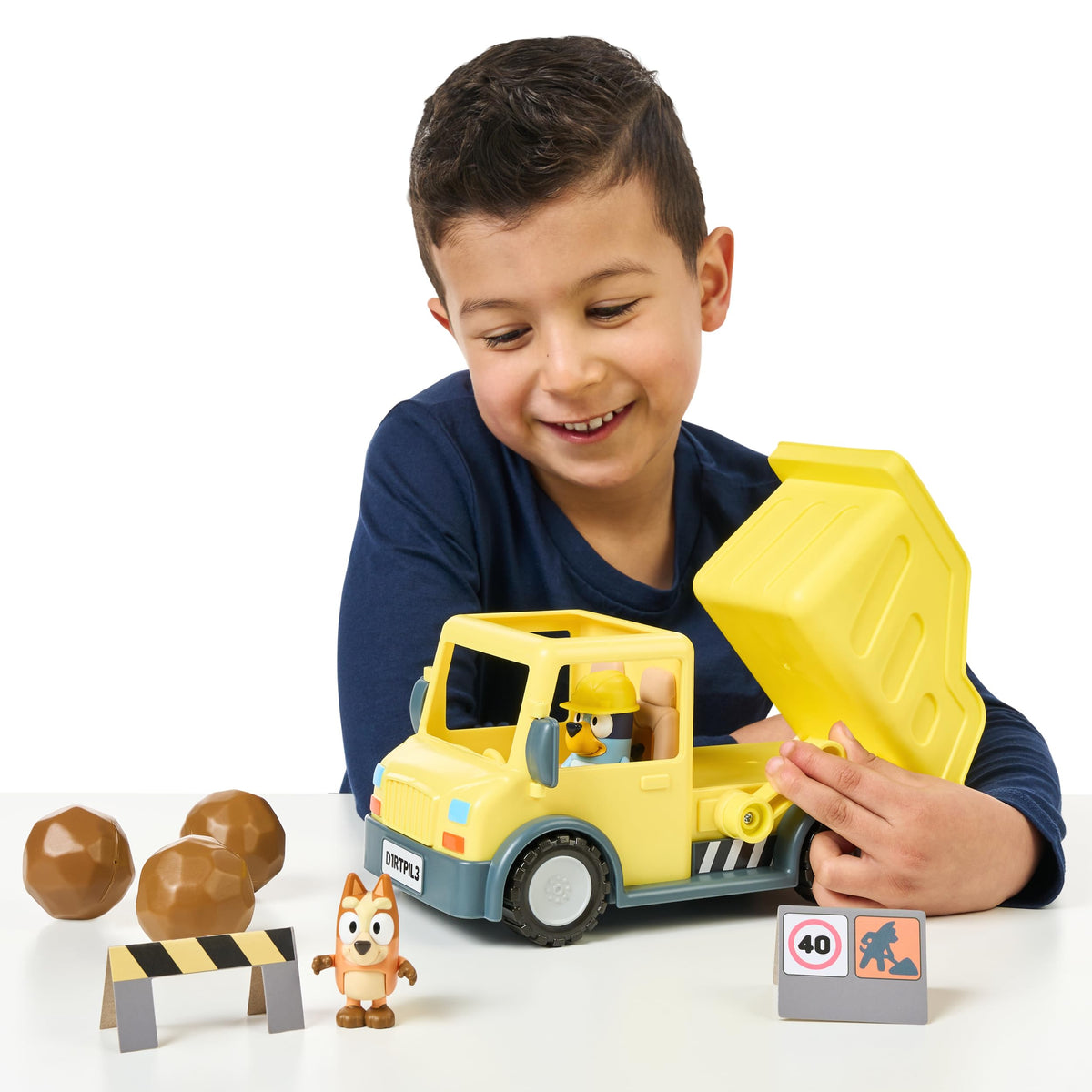 Bluey Dump Truck Toy Playset, Sturdy Working Toy Dump Truck with 2 Articulated Figures and 3 Huge Boulders, Construction Toys for Kids of Ages 3+