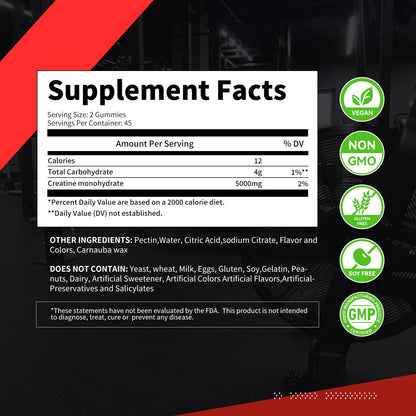 Creatine Monohydrate Gummies 5000mg for Men & Women, Chewables Creatine Monohydrate for Muscle Strength, Muscle Builder, Energy Boost, Pre-Workout Supplement(90 Count)-Strawberry.
