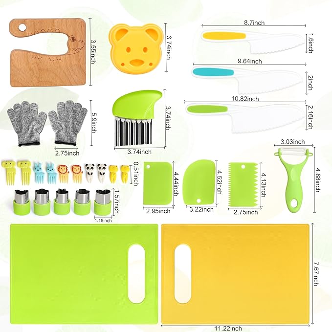 28PCS Toddler Knife Set - Kids Knifes for Real Cooking, Montessori Kids Kitchen Knife Set with Cutting Board Crinkle Cutters Kid Safe Knives, Toddlers Kitchen Tools for Age 2-10 Year Old Girl Boy nirvanaguru