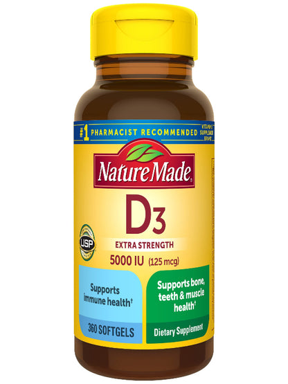 Nature Made Extra Strength Vitamin D3 5000 IU (125 mcg), Dietary Supplement for Bone, Teeth, Muscle and Immune Health Support, 180 Softgels, 180 Day Supply - Nirvana Guru
