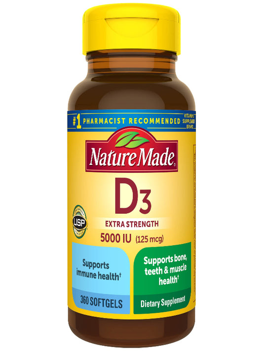 Nature Made Extra Strength Vitamin D3 5000 IU (125 mcg), Dietary Supplement for Bone, Teeth, Muscle and Immune Health Support, 180 Softgels, 180 Day Supply - Nirvana Guru