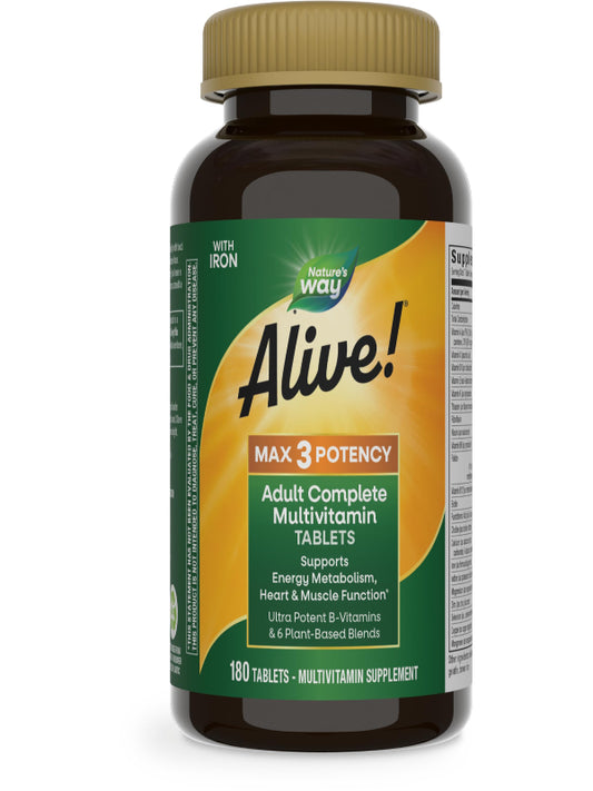 Nature's Way Alive! Max3 Potency Adult Complete Multivitamin, Ultra Potency B-vitamins to Support Energy Metabolism*, with Methylated B12 and Folate, 180 Tablets - Nirvana Guru