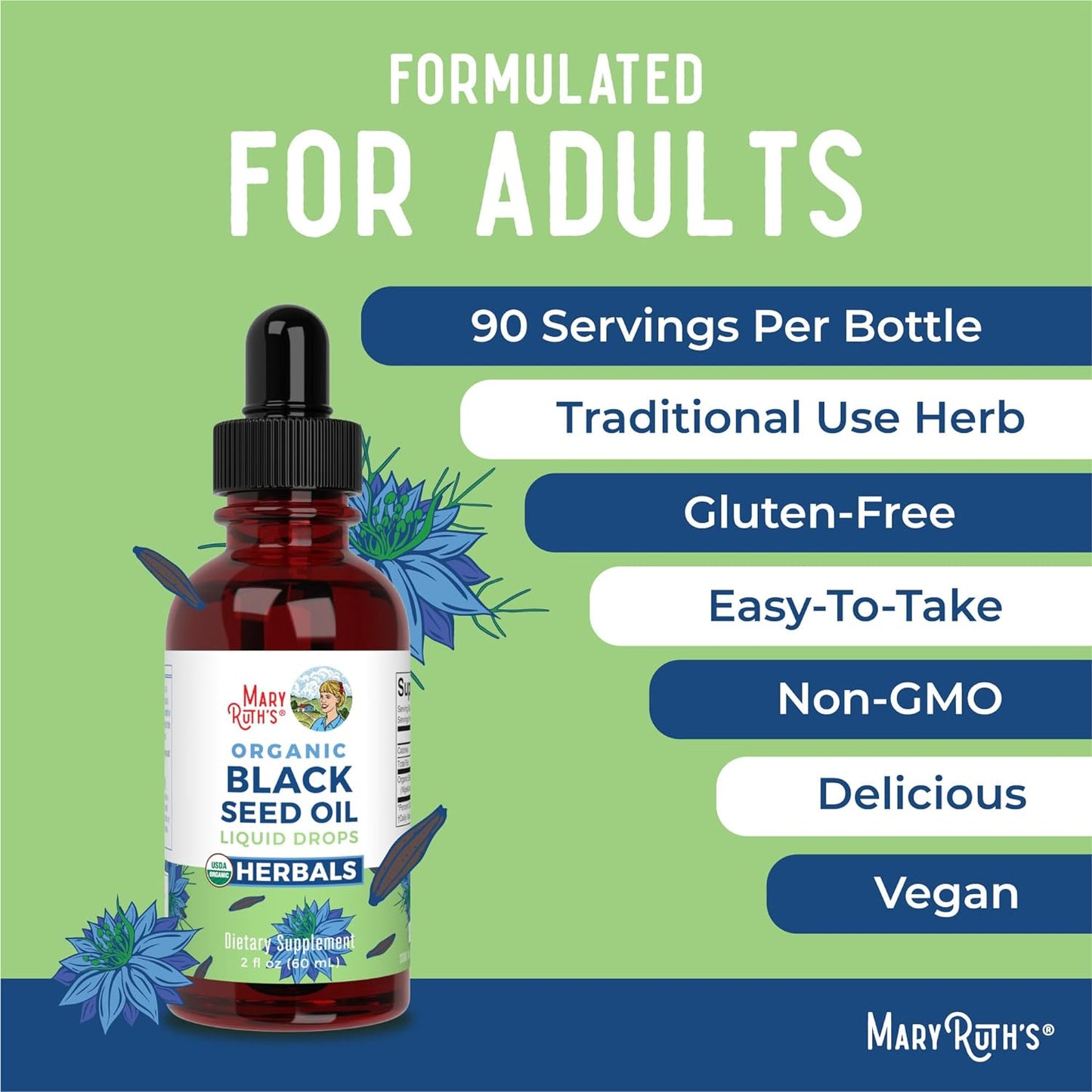 MaryRuth Organics Black Seed Oil Liquid Drops Cold Pressed, 3 Month Supply, USDA Organic Black Cumin Seed Oil, Immune Support, Respiratory Health, Sugar Free, Vegan, Non-GMO, Gluten Free, 2 Fl Oz - Nirvana Guru
