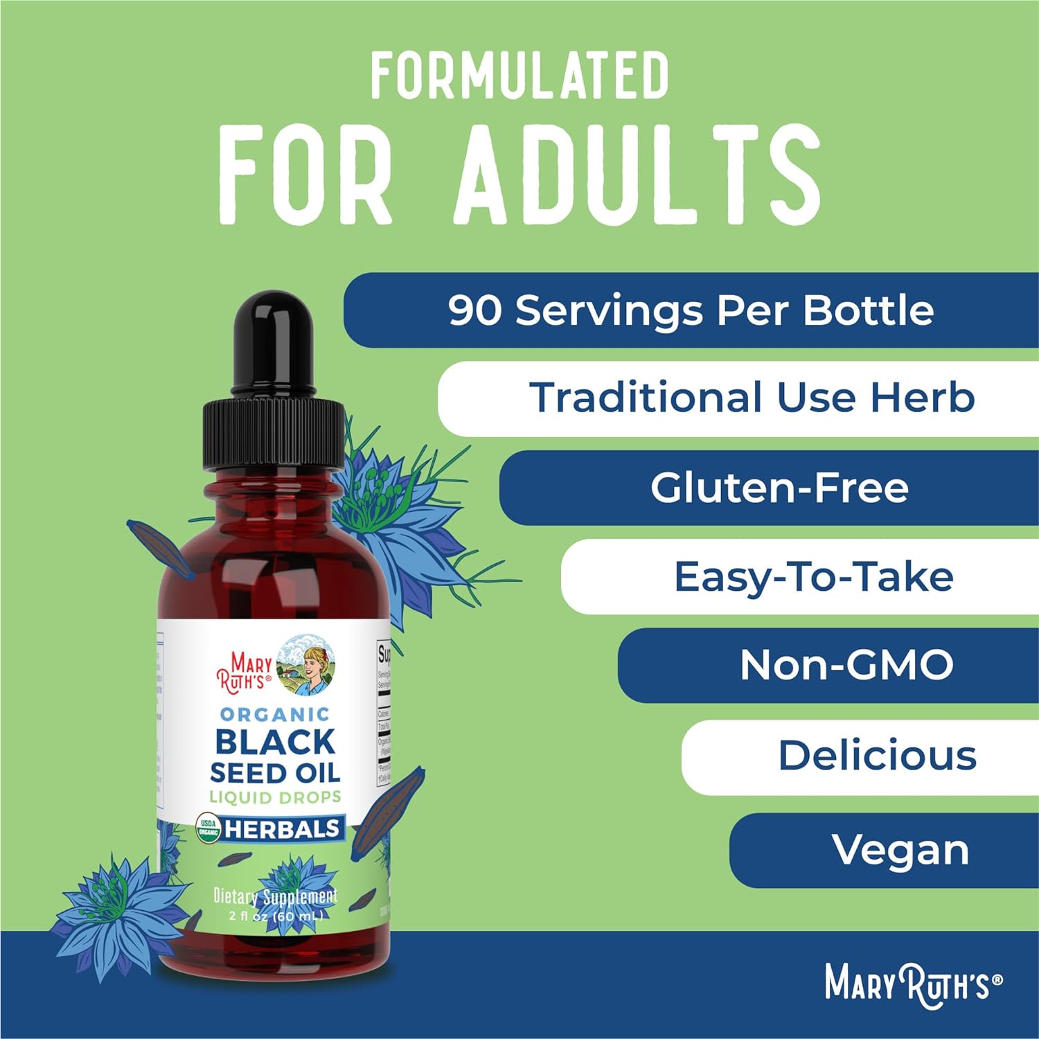MaryRuth Organics Black Seed Oil Liquid Drops Cold Pressed, 3 Month Supply, USDA Organic Black Cumin Seed Oil, Immune Support, Respiratory Health, Sugar Free, Vegan, Non-GMO, Gluten Free, 2 Fl Oz - Nirvana Guru