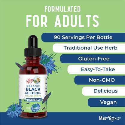 MaryRuth Organics Black Seed Oil Liquid Drops Cold Pressed, 3 Month Supply, USDA Organic Black Cumin Seed Oil, Immune Support, Respiratory Health, Sugar Free, Vegan, Non-GMO, Gluten Free, 2 Fl Oz - Nirvana Guru