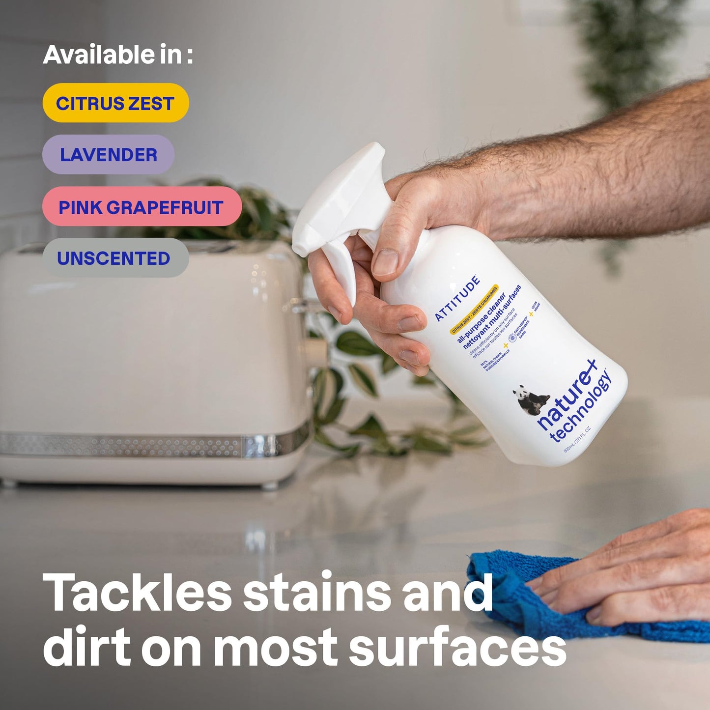 ATTITUDE All Purpose Cleaner Spray, EWG Verified, Vegan, Made with 94% Plant-Based Ingredients, Streak-Free for Kitchen, Bathroom, Glass & More, Citrus Zest Scent, 27.1 Fl Oz Nirvana Guru