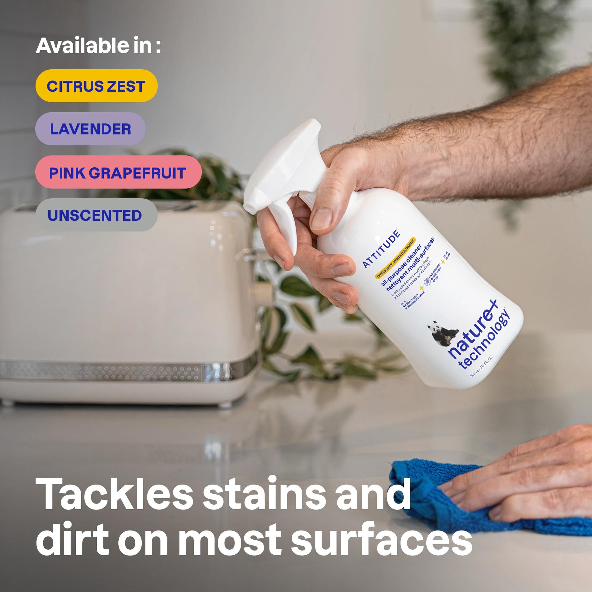 ATTITUDE All Purpose Cleaner Spray, EWG Verified, Vegan, Made with 94% Plant-Based Ingredients, Streak-Free for Kitchen, Bathroom, Glass & More, Citrus Zest Scent, 27.1 Fl Oz Nirvana Guru