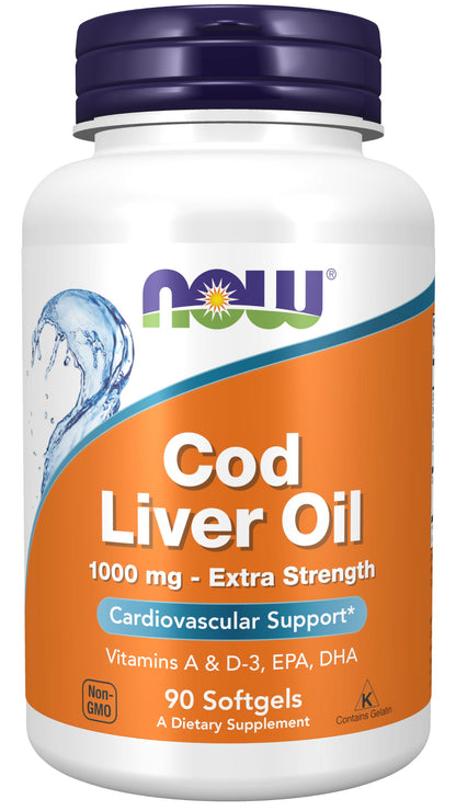 NOW Foods Supplements, Cod Liver Oil, Extra Strength 1,000 mg with Vitamins A & D-3, EPA, DHA, 180 Softgels - Nirvana Guru